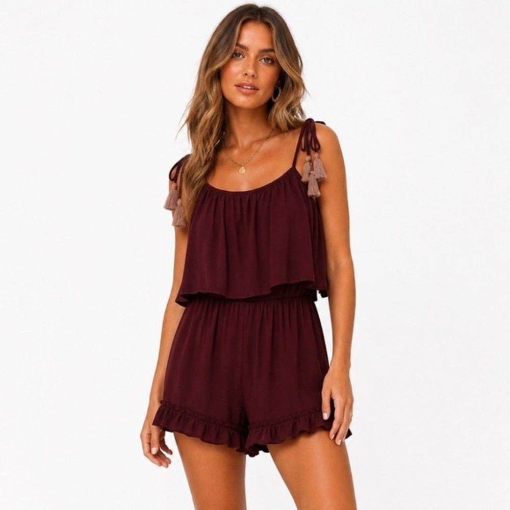 Maverick The Collection Burgundy Tassel Tie Shoulder Ruffle Romper Womens Size M